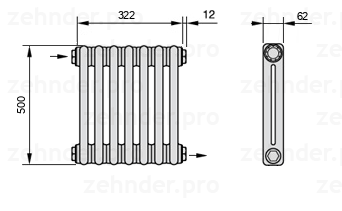 Схема (чертеж) Радиатор Zehnder Charleston 2050/7 №1670 Белый глянцевый RAL 9016